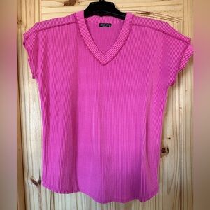 Vibrant Pink Ribbed V-Neck Tee